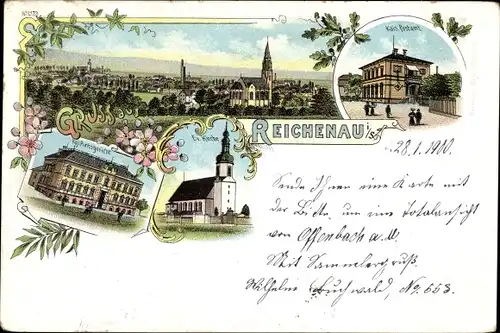 Litho Bogatynia Reichenau in Sachsen Schlesien, Postamt, Amtsgericht, Evangelische Kirche, Panorama