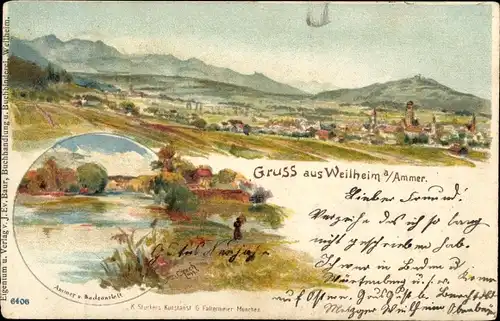 Litho Weilheim an der Ammer Oberbayern, Panorama, Badeanstalt