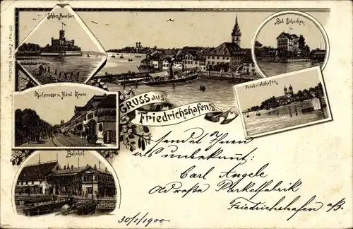 Litho Friedrichshafen am Bodensee, Karlstraße, Hotel Krone, Bahnhof, Bad Schachen, Schloss Montfort