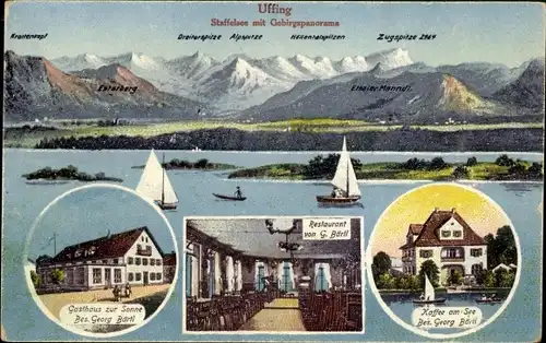 Ak Uffing am Staffelsee Oberbayern, Gasthaus zur Sonne, Restaurant, Kaffee am See, Panorama