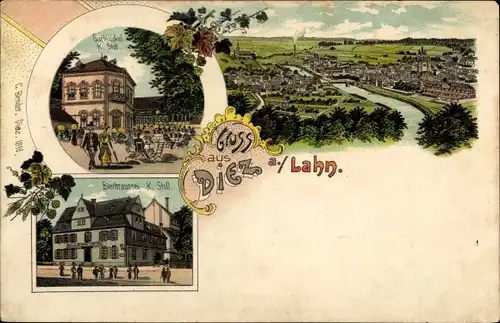 Litho Diez an der Lahn, Bierbrauerei, Gasthaus, Totalansicht