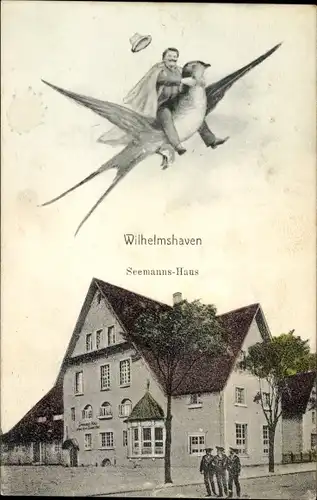 Ak Wilhelmshaven in Niedersachsen, Seemanns-Haus, Mann fliegt auf einer Schwalbe, Fotomontage