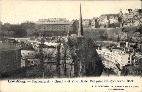 Ak Luxemburg Luxemburg, Faubourg du Grund und Oberstadt, Blick vom Rochers du Bock