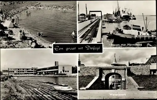 Ak Delfzijl Groningen, Strand, Haven met Havenbrug, D.N.S. Oranje, Waterpoort