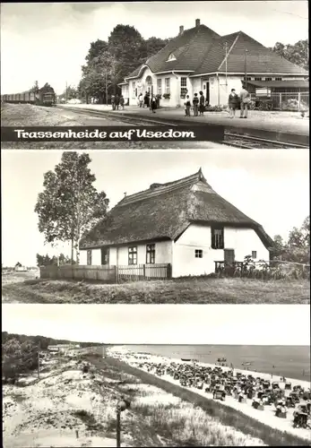 Ak Trassenheide auf Usedom, Reetdachhaus, Strand, Bahnhof