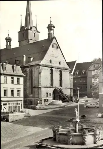 Ak Pößneck in Thüringen, Stadtkirche, Marktbrunnen