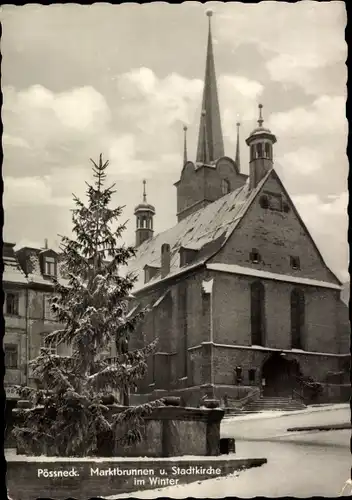 Ak Pößneck in Thüringen, Marktbrunnen, Stadtkirche, Im Winter