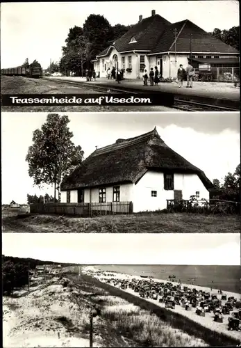 Ak Trassenheide auf Usedom, Reetdachhaus, Strand, Bahnhof