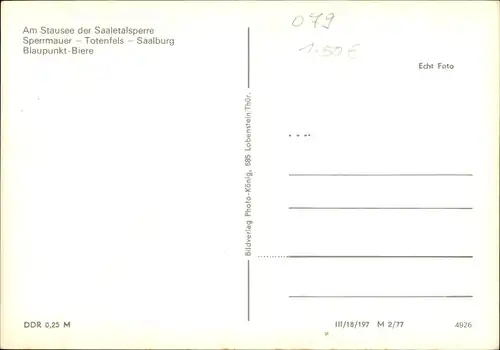 Ak Saalburg in Thüringen, Saaletalsperre, Sperrmauer, Totenfels, Blaupunkt-Biere