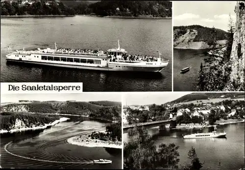 Ak Saalburg in Thüringen, Bleiloch-Saaletalsperre, MS Gera, Totenfels, Blaupunkt