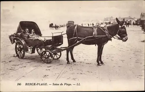 Ak Berck Plage Pas de Calais, Strandszene, Esel mit Wagen, Mann