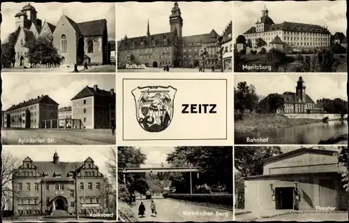 Ak Zeitz im Burgenlandkreis, Michaeliskirche, Bahnhof, Theater, Moritzburg, Volksbad, Rathaus