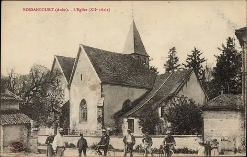 Ak Bossancourt Aube, Kirche, Männer mit Fahrrädern
