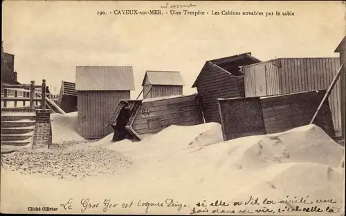 Ak Cayeux sur Mer Somme, Strand nach dem Sturm, Kabinen im Sand