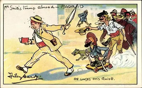 Künstler Ak Nobler Mann flieht vor Menschen, Sonnenschirm, Bettler