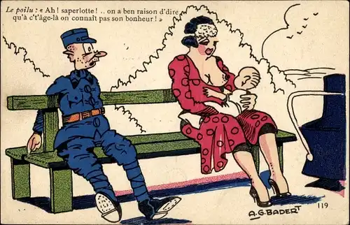 Künstler Ak Badert, A. G., Frau stillt ihr Kind, überraschter Mann