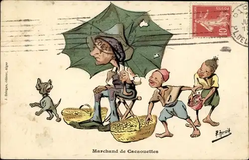Künstler Ak Händler mit Sonnenschirm, Diebe, Marktstand, Kakao, Körbe