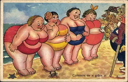Ak Urlauberinnen am Strand, Bademonde, Badeanzug, übergewichtige Frauen