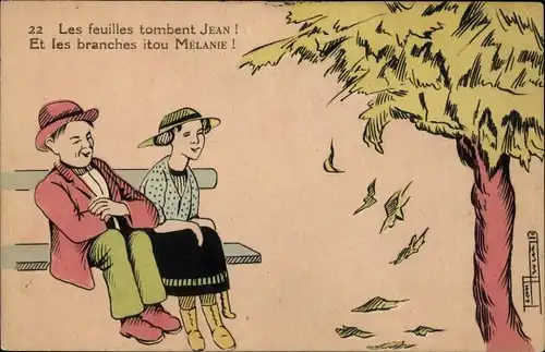 Künstler Ak Liebespaar im Park, Baum, Sitzbank, Park