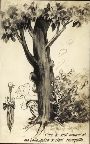 Ak Toilettenhumor, Mann musste dringend zur Toilette, Not, Park, Baum