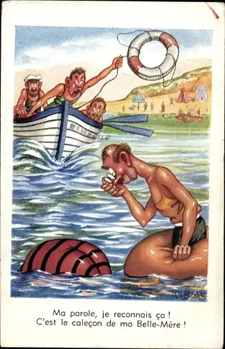 Künstler Ak Mann mit Brille beobachtet Po einer übergewichtigen Frau, Rettungsring