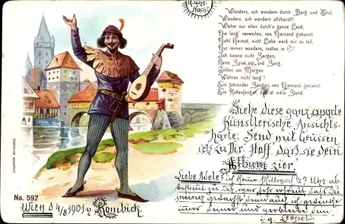 Gedicht Litho Hameln in Niedersachsen, Rattenfänger mit Laute, Brücke, Kirche