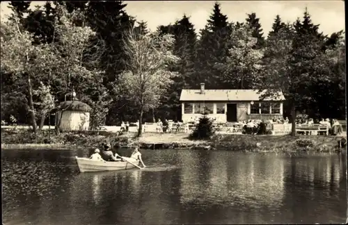 Ak Frauenwald am Rennsteig Ilmenau in Thüringen, Kurgaststätte Lenkgrund, Terrasse, Ruderboot