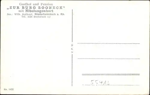 Ak Niederheimbach am Rhein, Burg Sooneck, Gasthof und Pension zur Burg Sonneck, Nibelungenhort