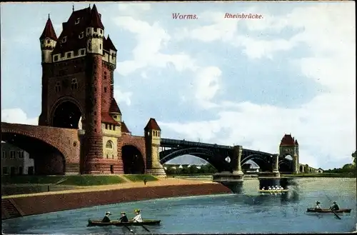 Ak Worms am Rhein, Rheinbrücke, Ruderboote