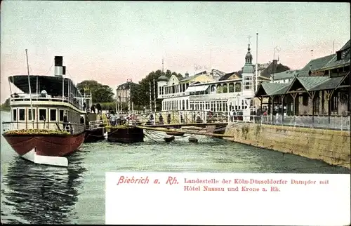 Ak Biebrich am Rhein Wiesbaden, Landestelle der Köln-Düsseldorfer Dampfer, Hotel Nassau, Hotel Krone