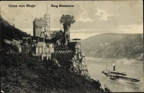 Ak Trechtingshausen am Rhein, Burg Rheinstein, Dampfer