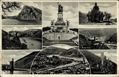 Ak Trechtingshausen am Rhein, Burg Rheinstein, Nationaldenkmal Niederwald, Burg Katz, Lorelei