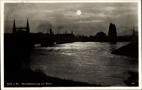 Ak Kehl am Rhein, Abendstimmung am Fluss, Brücke, Mondschein