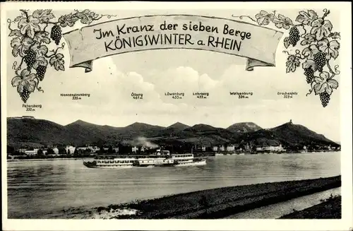 Ak Königswinter am Rhein, Salondampfer, Siebengebirge, Petersberg, Wolkenburg, Drachenfels