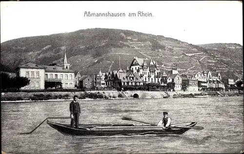 Ak Assmannshausen Rüdesheim am Rhein, Teilansicht, Ruderboot