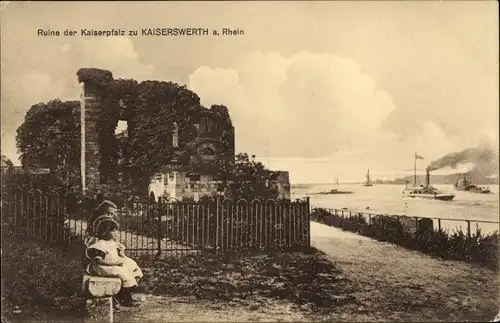 Ak Kaiserswerth Düsseldorf am Rhein, Ruine der Kaiserpfalz, Dampfer