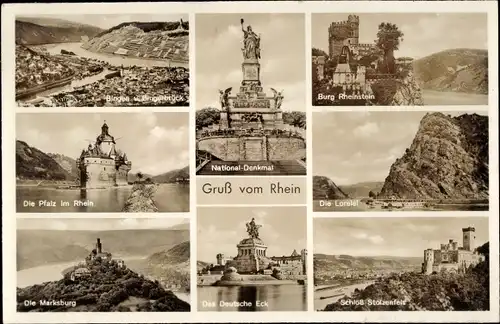 Ak Am Rhein, Bingen, Bingerbrück, Niederwald, Burg Rheinstein, Lorelei, Stolzenfels, Deutsches Eck