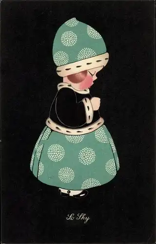 Künstler Ak So Shy, Mädchen in grünem Kleid mit Mütze