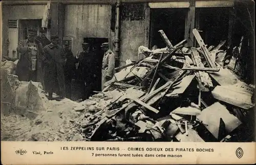Ak Les Zeppelins sur Paris, Crimes odieux des Pirates Boches, 7 personnes furent tuées