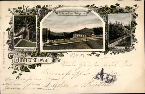 Ak Lübbecke in Westfalen, Restaurant zum Weingarten, Wartturm, Alte Linde Reineberg