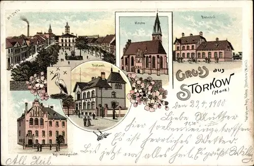 Litho Storkow in der Mark, Markt, Amtsgericht, Kirche, Postamt, Bahnhof