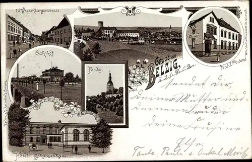 Litho Bad Belzig in der Mark, Postamt, Totalansicht, Bahnhof, Kirche, Hotel, Wiesenburger Straße