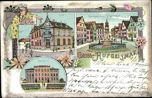 Litho Hofgeismar in Hessen, Post, Marktplatz, Kriegerdenkmal, Neue Schule