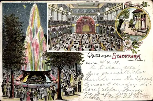 Litho  Kassel in Hessen, Etablissement Stadtpark, Leuchtfontäne, Theatersaal