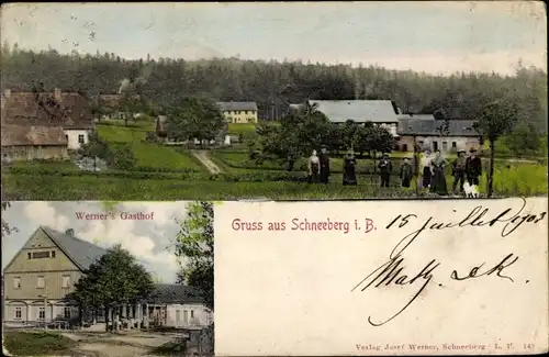 Ak Sněžník Dorf Schneeberg in Böhmen Region Aussig, Werners Gasthof, Ortsansicht, Anwohner