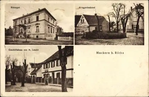 Ak Muckern Großpösna in Sachsen, Rittergut, Kriegerdenkmal, Geschäftshaus von M. Leucht
