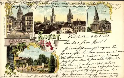 Litho Soest in Westfalen, Rathausstraße, Dom, St. Thomas Kirche, Schützenhof