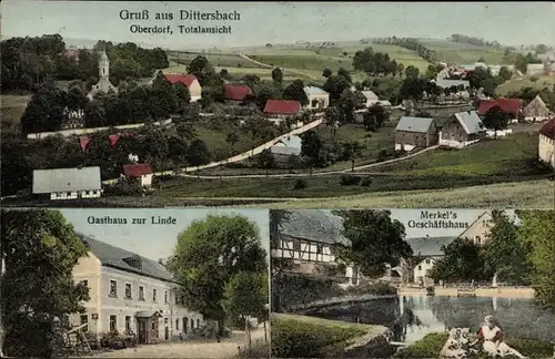 Ak Dittersbach Frauenstein im Erzgebirge, Oberdorf, Gasthaus zur Linde, Geschäftshaus Merkel