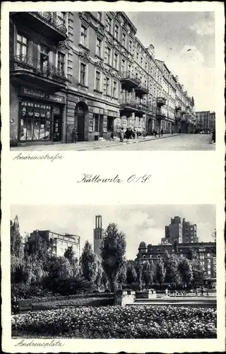 Ak Katowice Kattowitz Oberschlesien, Andreasstraße, Geschäfte, Andreasplatz