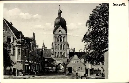 Ak Erding in Oberbayern, Straßenpartie mit Stadttor, Turm, Geschäfte